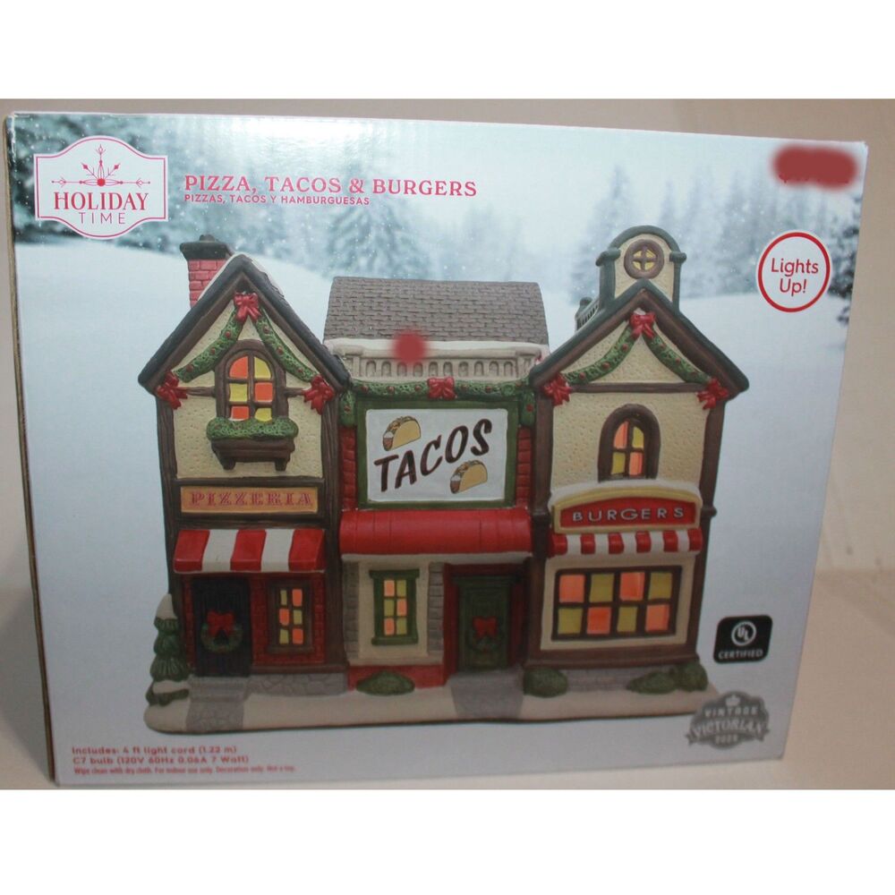 Holiday Time Tacos, Pizza, Burger Restaurant Lighted Christmas Village Building